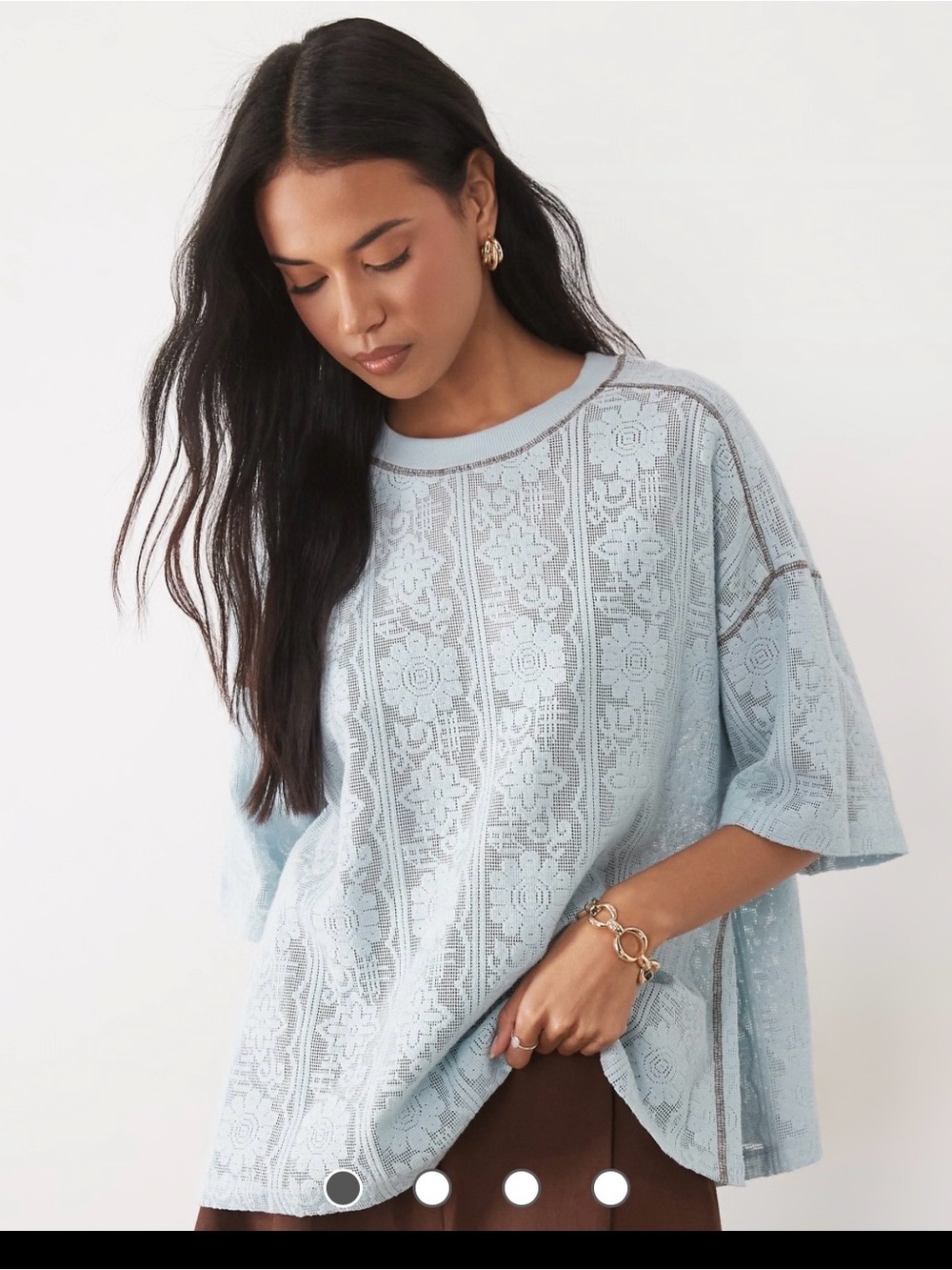NWT ASOS Baby Blue Brown Crochet oversized T-shirt Jersey Top Boho Western Large
